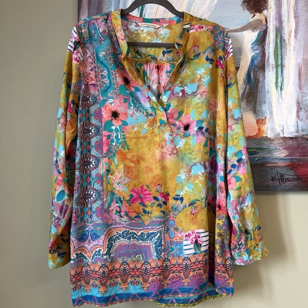 Soft Surroundings Top Shirt Long Sleeve Floral Boho Yellow Blue Sz M